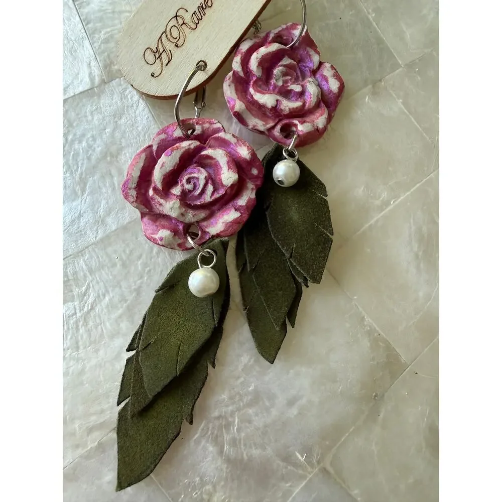 A Rare Bird Rose Leaf Pearl drop Earrings